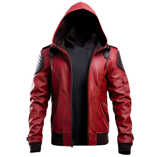 MEN’S RED STYLISH HOODED COMFORTABLE RIB KNIT SOFT LEATHER JACKET
