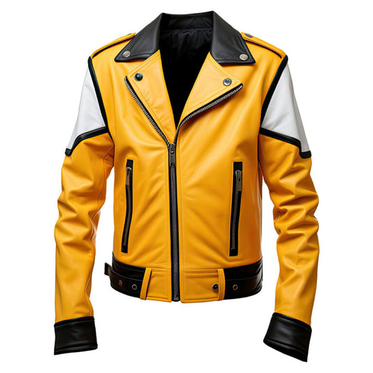 MEN’S YELLOW WHITE SPORTY ZIP-UP CASUAL SOFT CAFÉ RACER LEATHER JACKET